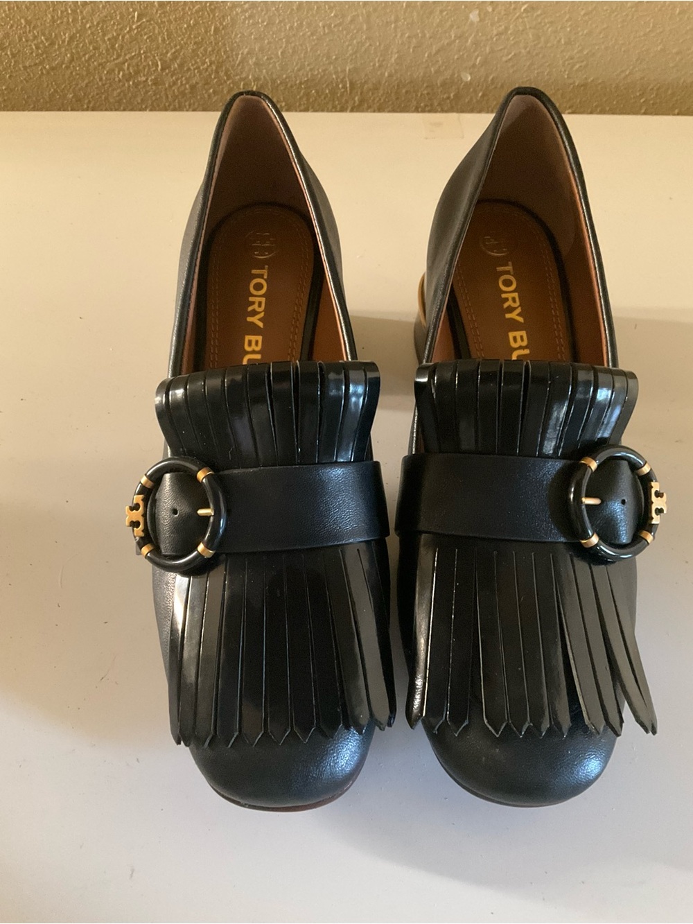 Tory Burch Black Leather Fringe Kiltie Loafers with Gold Ring